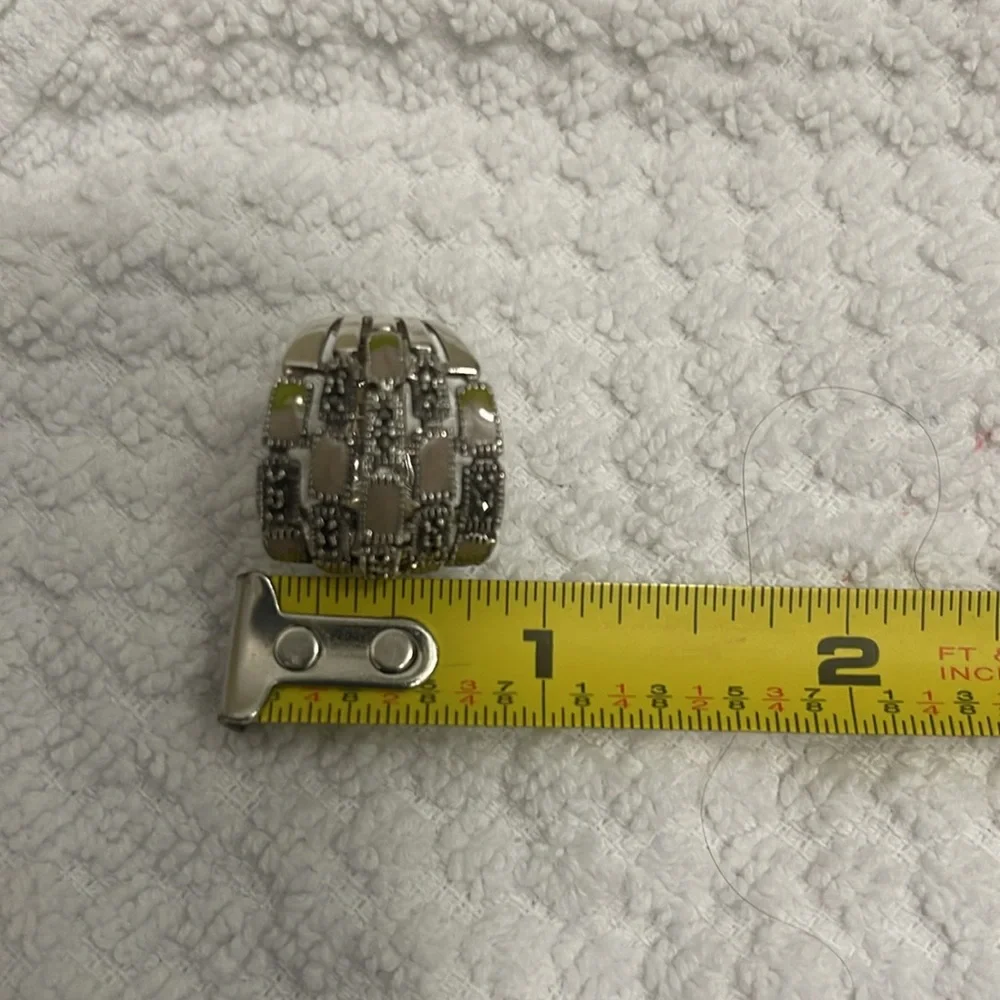 Sterling Silver Multi Stone Ring Pale Pink & Green with tiny Marcasite Size 7